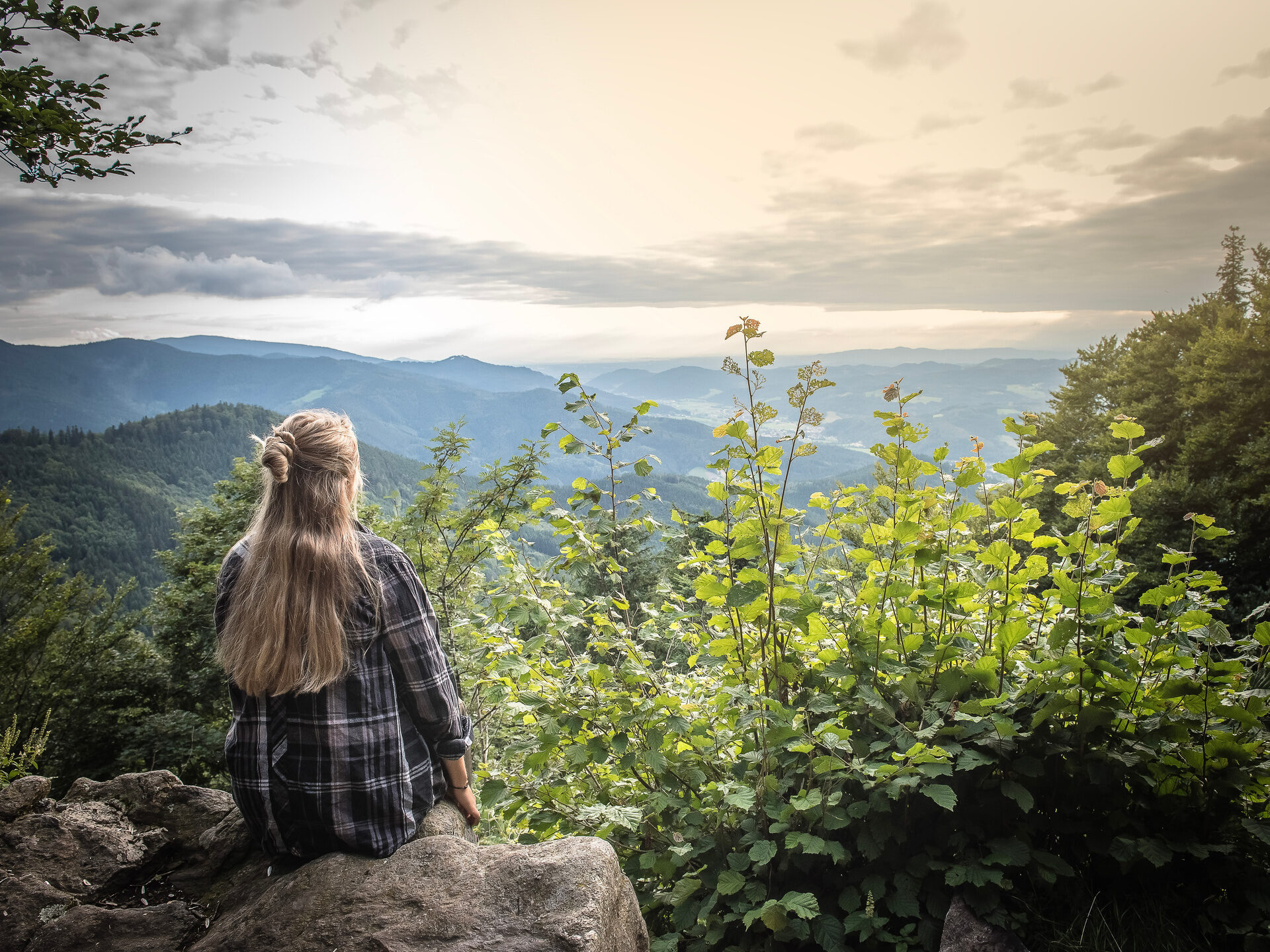 Eine Frau blickt von einem traumhaften Platz im Wald über die Landschaft