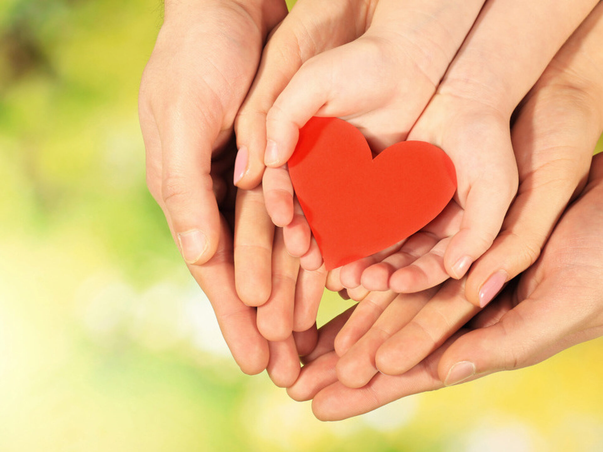 Drei Handpaare halten ein rotes Herz